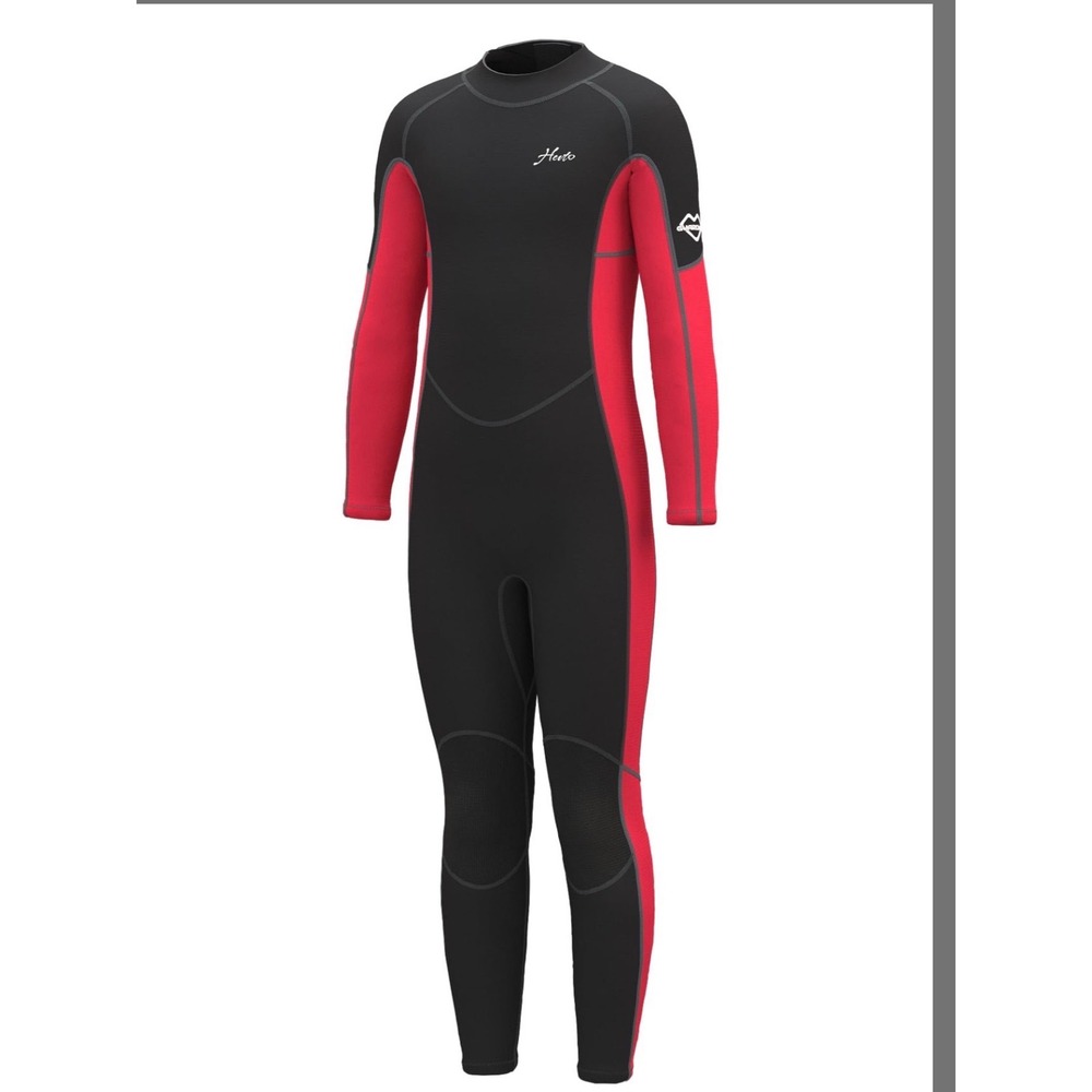 Hevto Kids Wetsuit 10 Black Red New 3/2mm Neoprene Back Zip Full Body Surfing